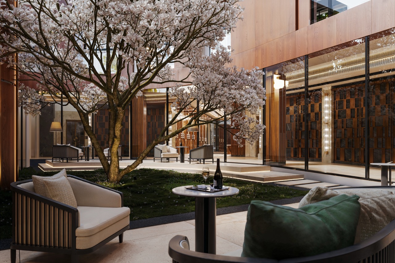 Patio z wiśnią japońską — atrium Villa Bogoria